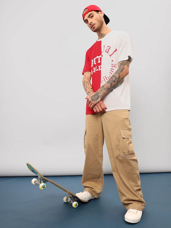 Red-White Color Block Oversized T-shirt for Men