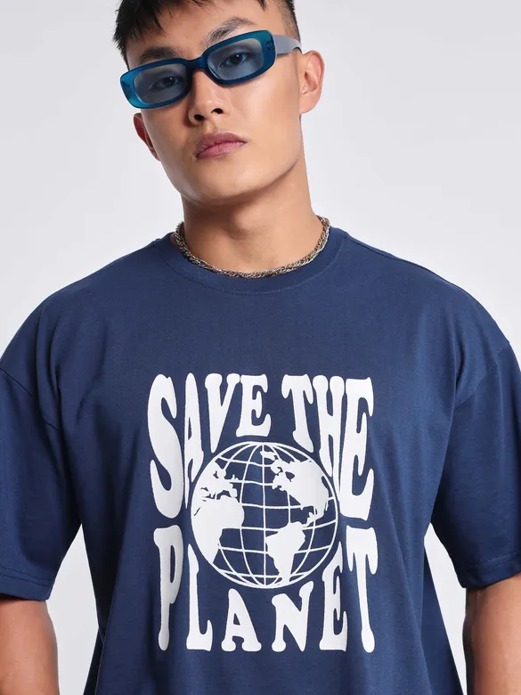 Save the Planet Printed Oversized T-shirt for Men