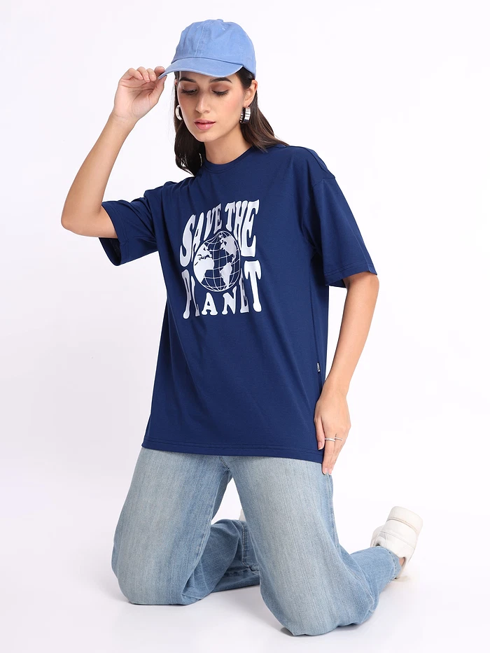 Save the Planet Printed Oversized T-shirt for Women