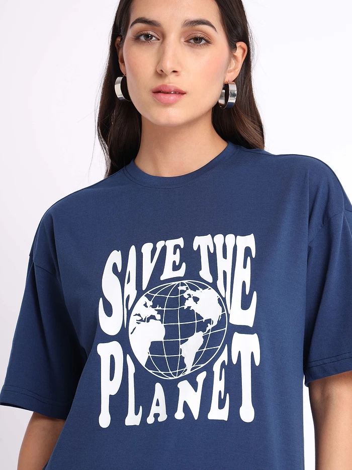 Save the Planet Printed Oversized T-shirt for Women