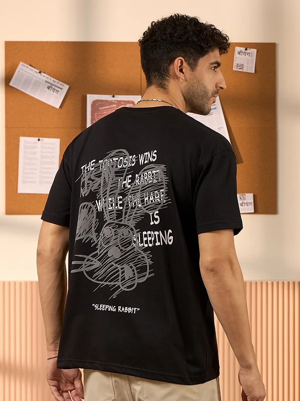 Sleeping Rabbit Printed Black Oversized T-shirt for Men