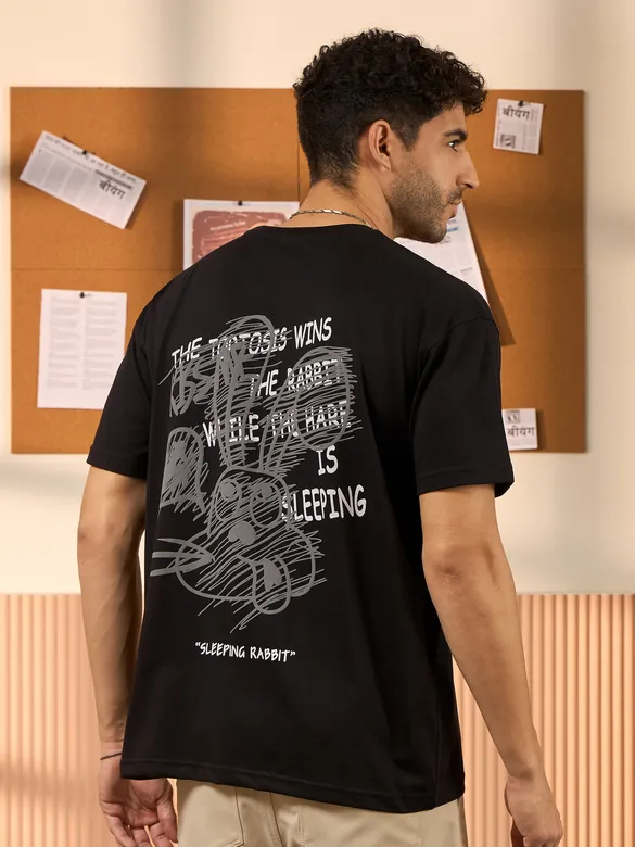 Sleeping Rabbit Printed Black Oversized T-shirt for Men