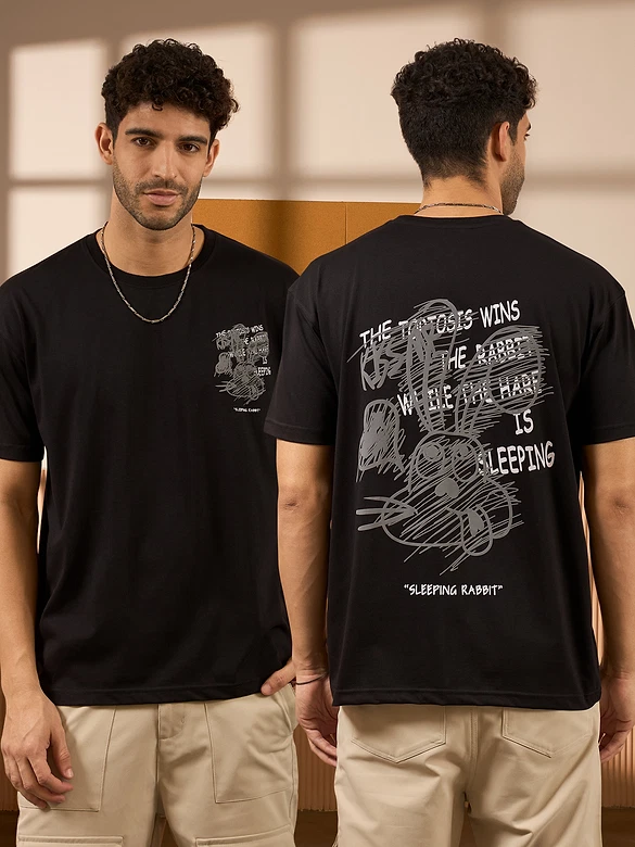 Sleeping Rabbit Printed Black Oversized T-shirt for Men