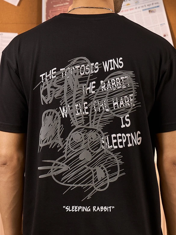 Sleeping Rabbit Printed Black Oversized T-shirt for Men
