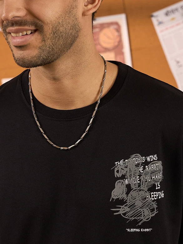 Sleeping Rabbit Printed Black Oversized T-shirt for Men
