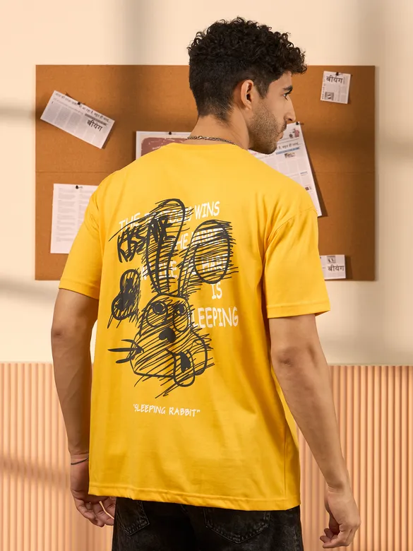 Sleeping Rabbit Printed Yellow Oversized T-shirt for Men