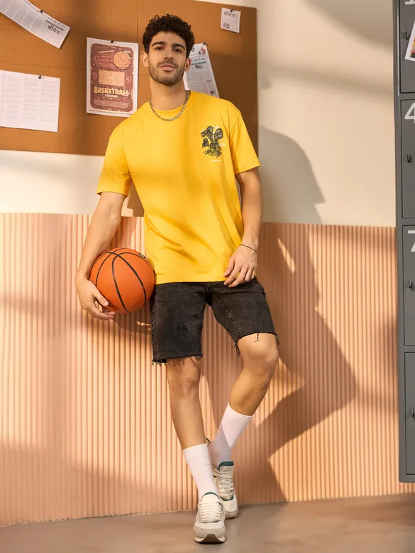 Sleeping Rabbit Printed Yellow Oversized T-shirt for Men