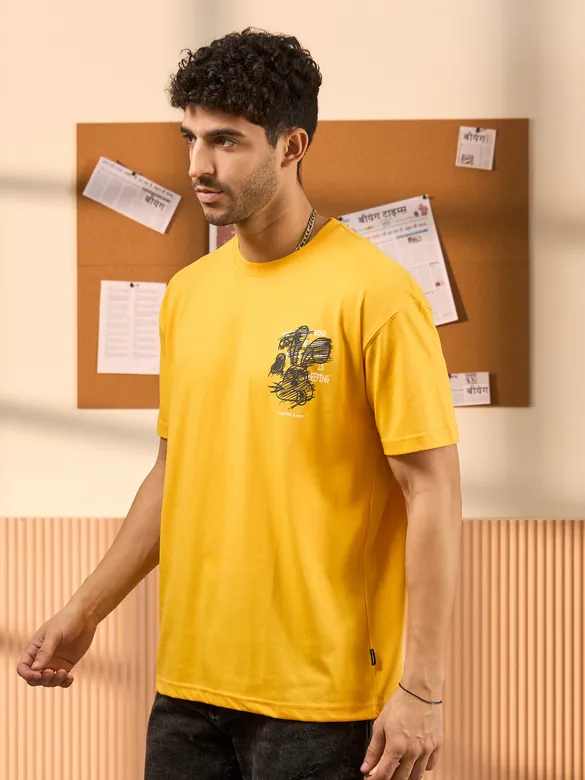 Sleeping Rabbit Printed Yellow Oversized T-shirt for Men