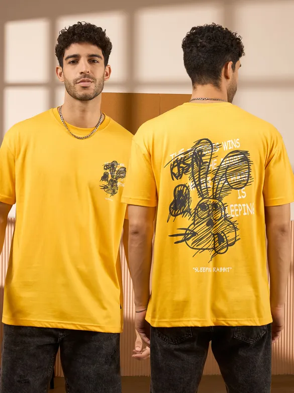 Sleeping Rabbit Printed Yellow Oversized T-shirt for Men