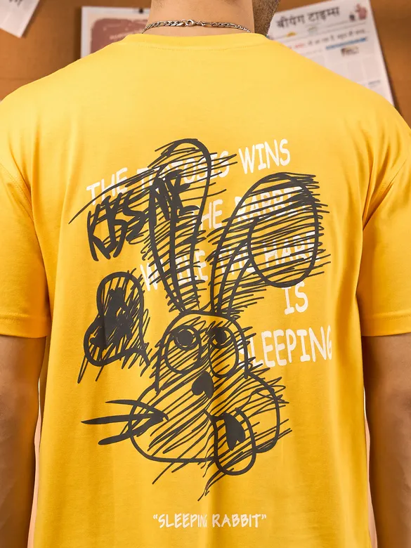 Sleeping Rabbit Printed Yellow Oversized T-shirt for Men