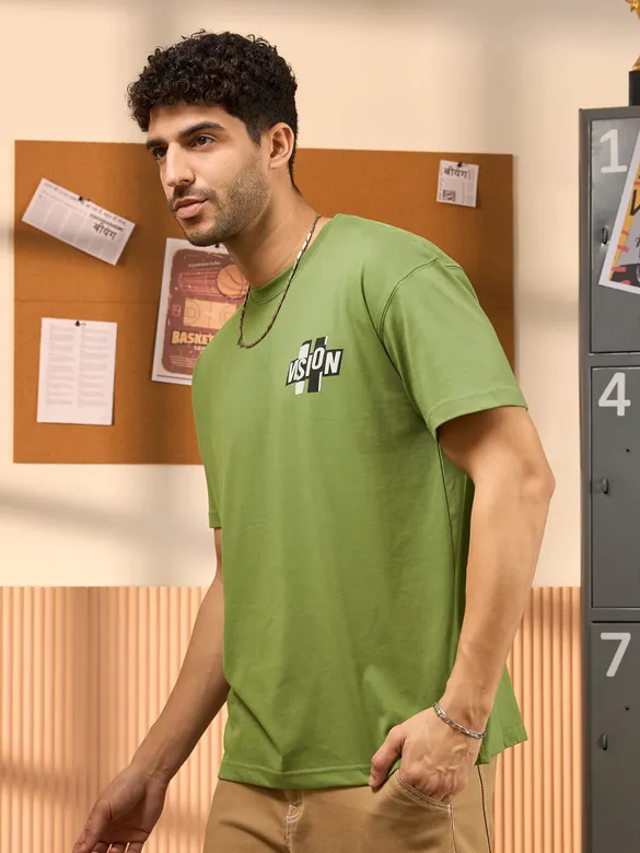 Vision Printed Green Oversized T-shirt for Men