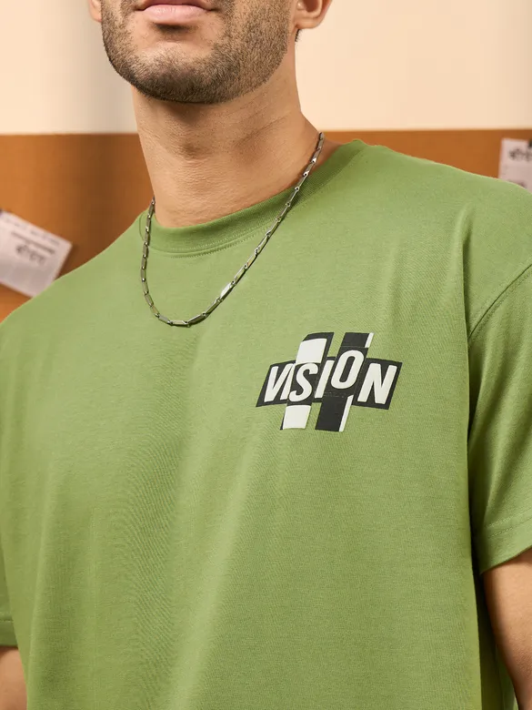 Vision Printed Green Oversized T-shirt for Men
