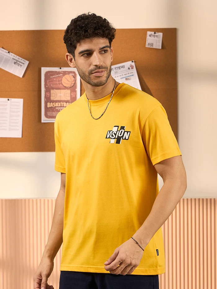 Vision Printed Yellow Oversized T-shirt for Men