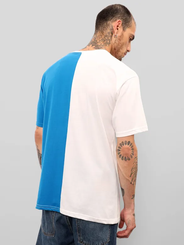 White-Blue Color Block Oversized T-shirt for Men