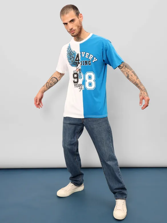 White-Blue Color Block Oversized T-shirt for Men