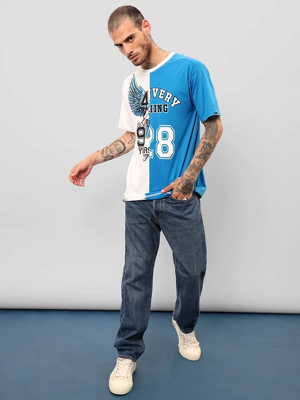 White-Blue Color Block Oversized T-shirt for Men
