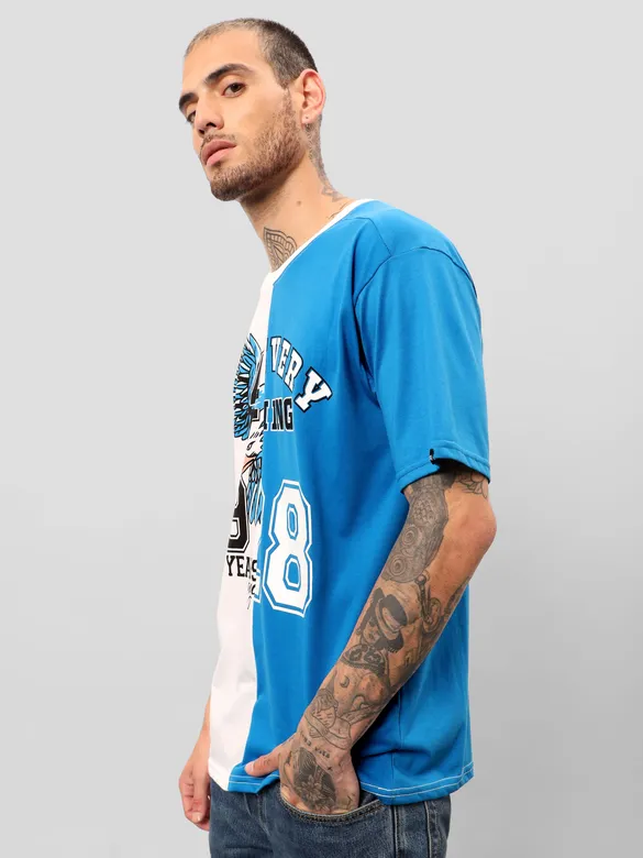 White-Blue Color Block Oversized T-shirt for Men