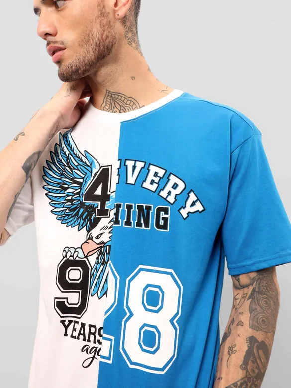 White-Blue Color Block Oversized T-shirt for Men