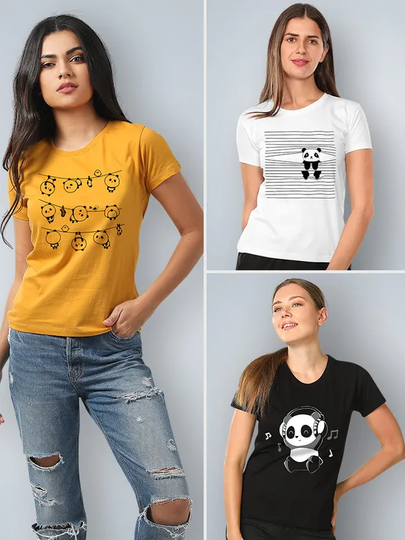 Naughty Panda Women Printed Combo T-shirts