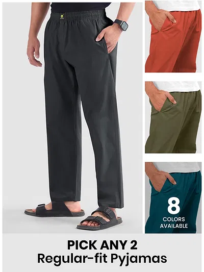 Mens pyjama pants - regular-fit with 'Pick Any 2' offer and '8 colors available' note.