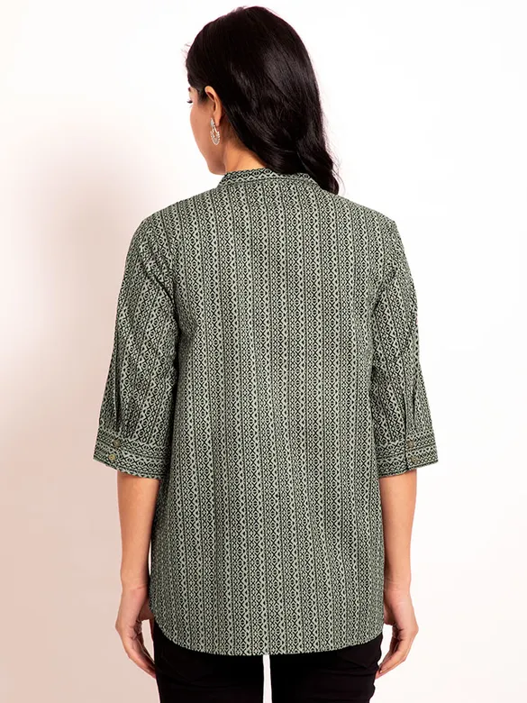 Sage Green Geometric Pattern Short Kurti