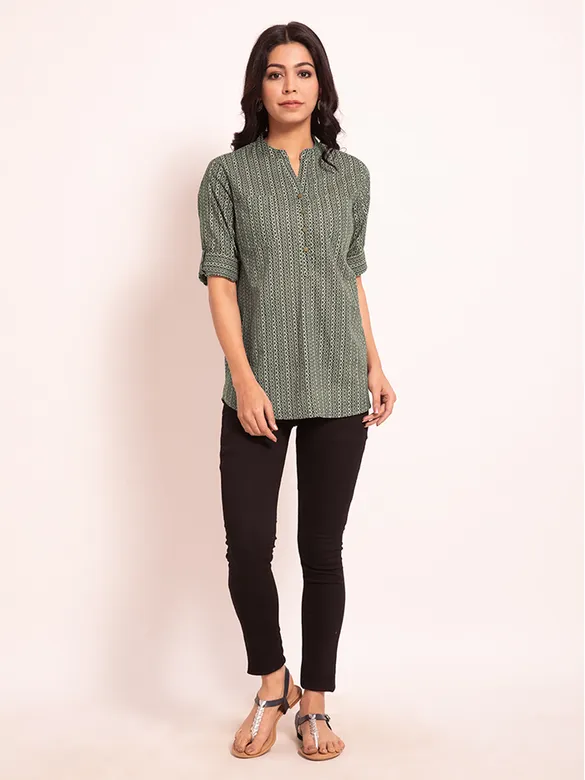 Sage Green Geometric Pattern Short Kurti