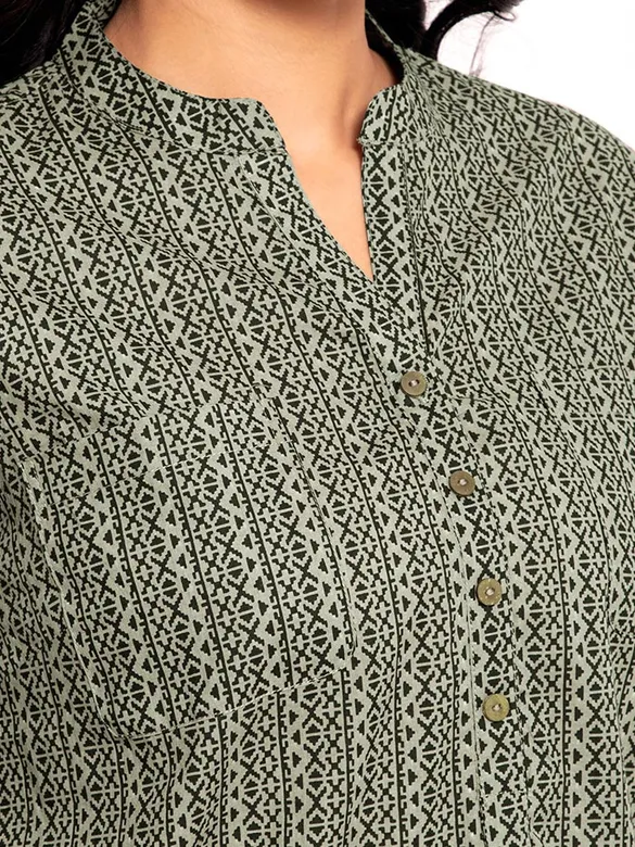 Sage Green Geometric Pattern Short Kurti