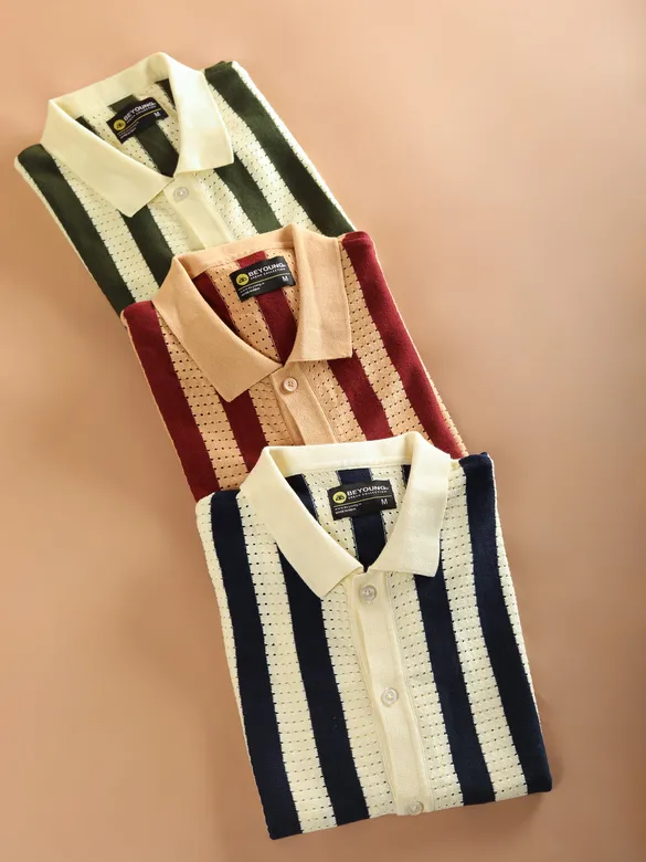 Navy Blue Striped Flat Knit Shirt