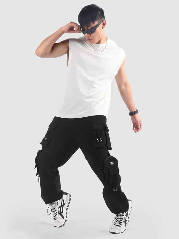 Black 11 Pocket Buckle Cargo Pants