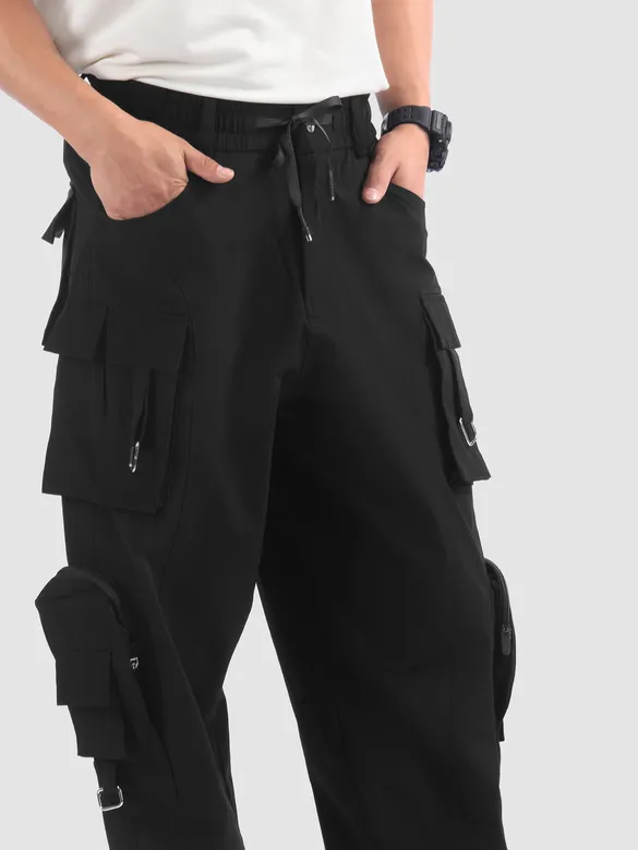 Black 11 Pocket Buckle Cargo Pants