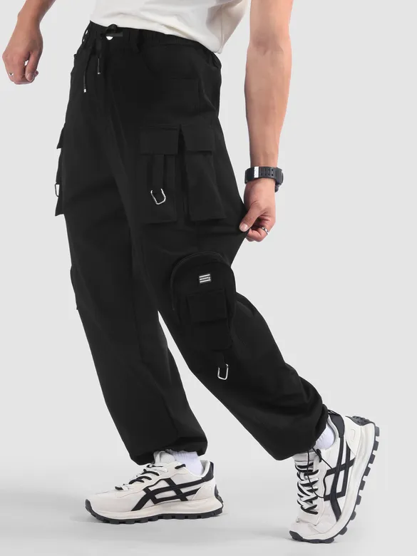 Black 11 Pocket Buckle Cargo Pants