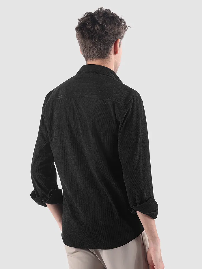 Black Lazer Cut Floral Textured Corduroy Shirt