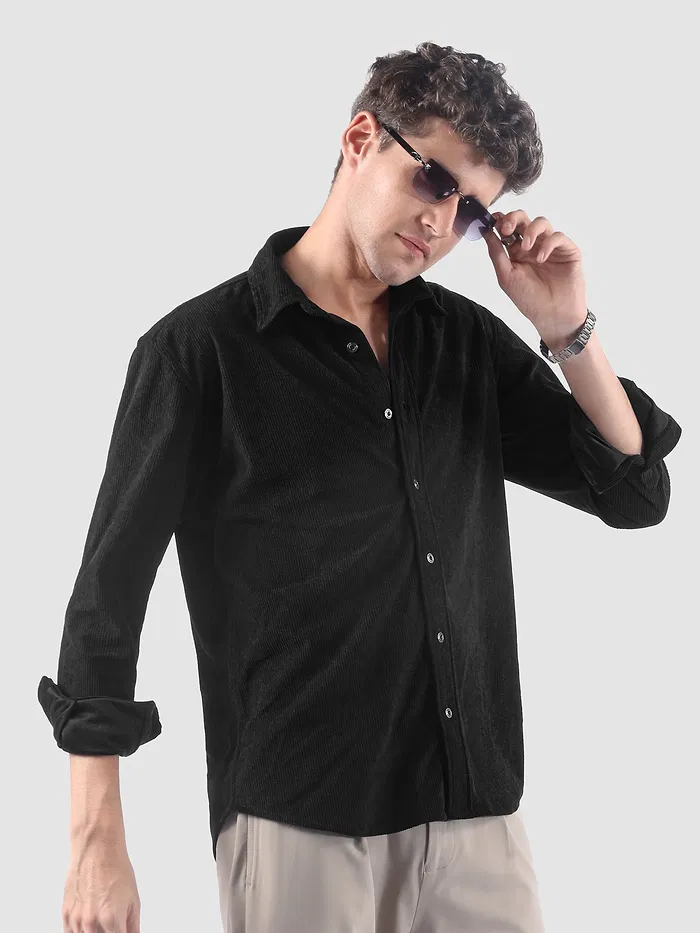 Black Lazer Cut Floral Textured Corduroy Shirt
