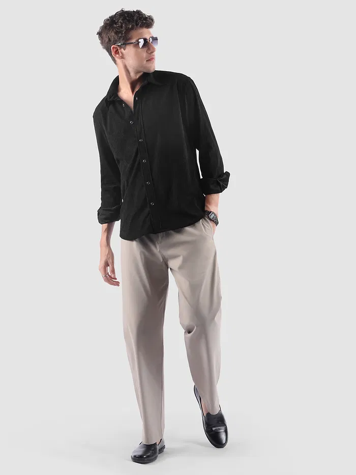 Black Lazer Cut Floral Textured Corduroy Shirt