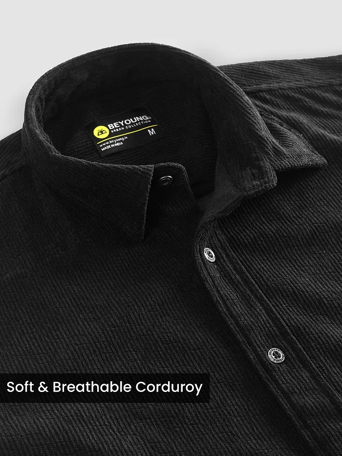 Black Lazer Cut Floral Textured Corduroy Shirt