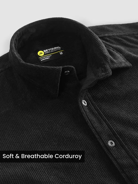 Black Lazer Cut Floral Textured Corduroy Shirt