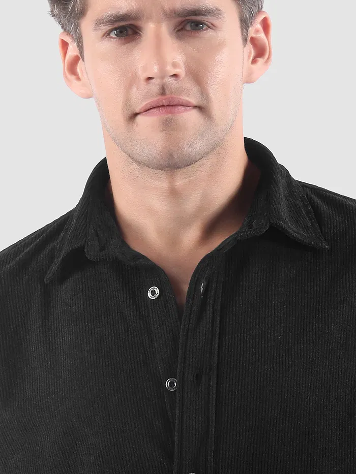 Black Lazer Cut Floral Textured Corduroy Shirt