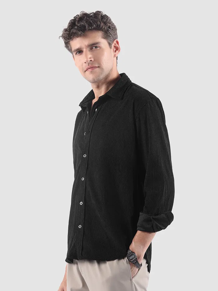 Black Lazer Cut Floral Textured Corduroy Shirt