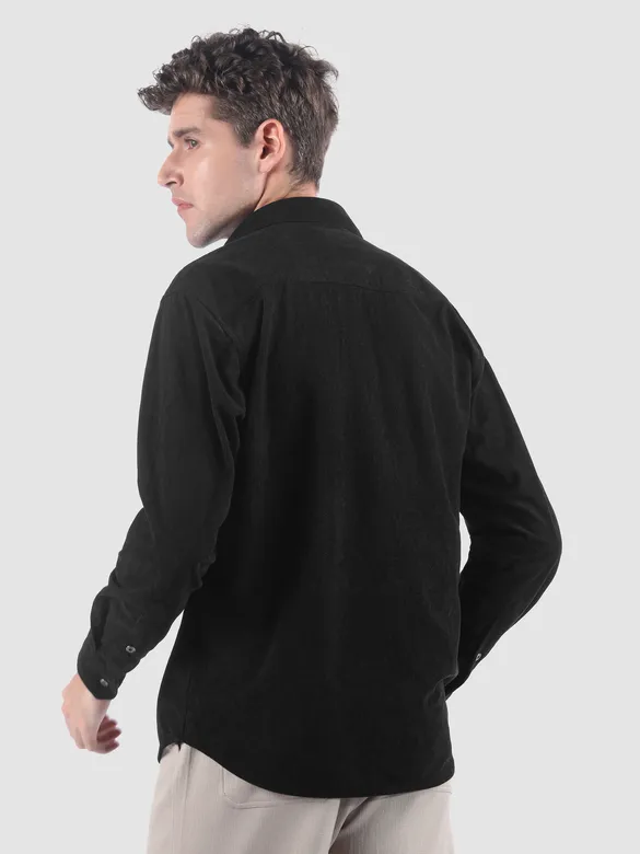 Black Lazer Cut Stripe Textured Corduroy Shirt