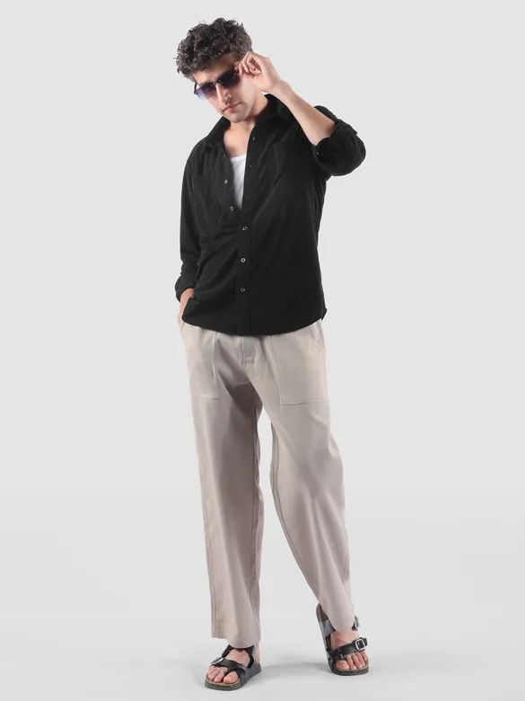 Black Lazer Cut Stripe Textured Corduroy Shirt