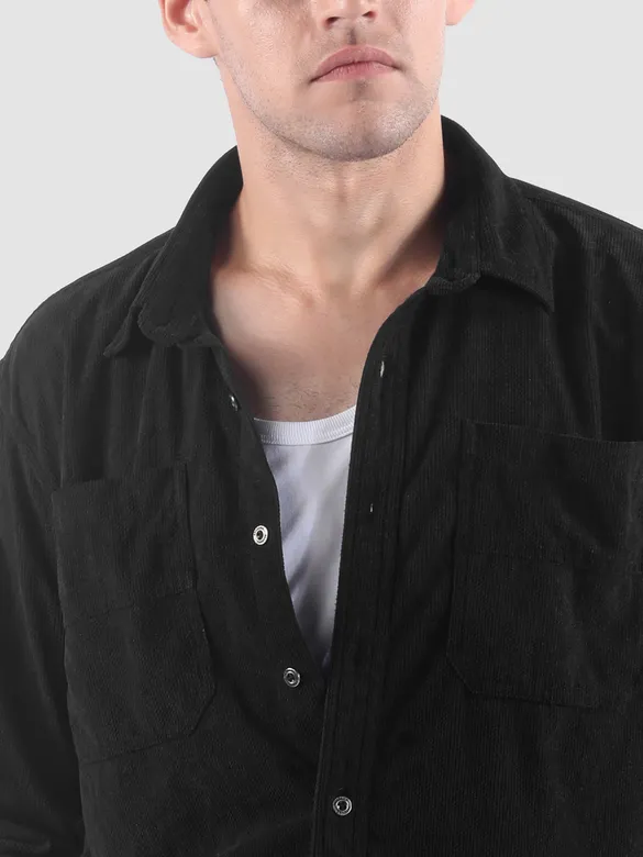 Black Lazer Cut Stripe Textured Corduroy Shirt