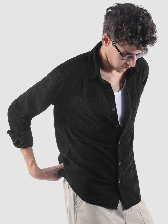 Black Lazer Cut Stripe Textured Corduroy Shirt