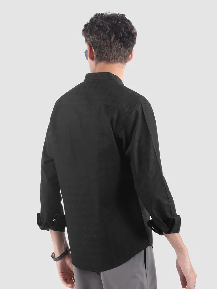 Black Mandarin Collar Textured Shirt