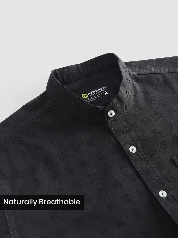 Black Mandarin Collar Textured Shirt