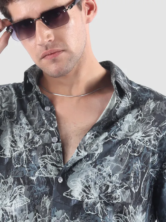 Blue Abstract Flower Print Shirt
