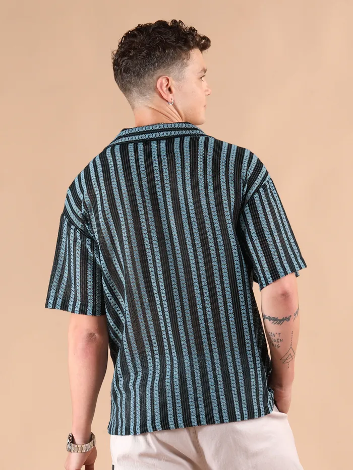 Blue Stripe Crochet Half-Sleeves Shirt