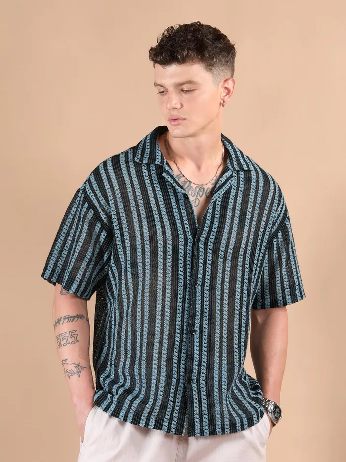 Blue Stripe Crochet Half-Sleeves Shirt