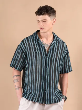 Blue Stripe Crochet Half-Sleeves Shirt