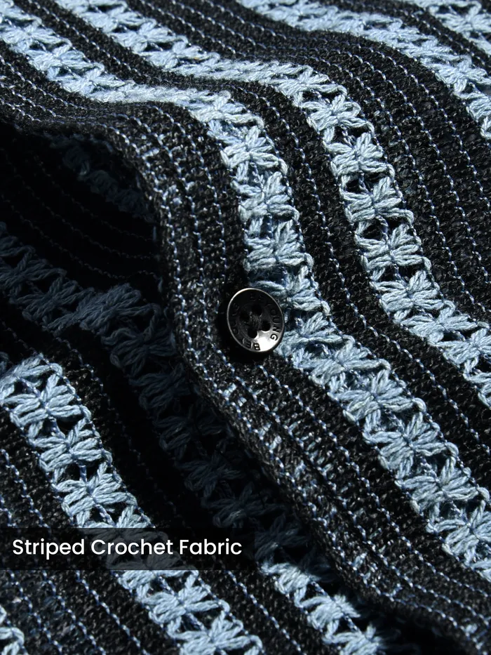 Blue Stripe Crochet Half-Sleeves Shirt