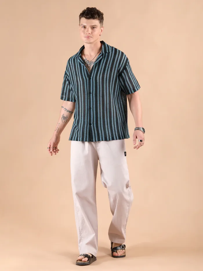 Blue Stripe Crochet Half-Sleeves Shirt
